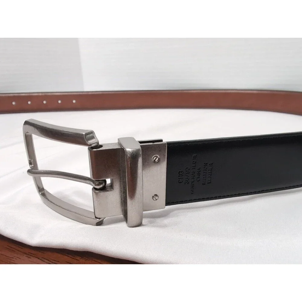 TOMMY HILFIGER MENS REVERSIBLE BELT 36 FAUX LEATHER BROWN/BLACK  SILVER BUCKLE